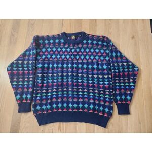 Vtg Sweater Multicolor Large Geometric Triangle Diamond Wool 80s Lone Pine